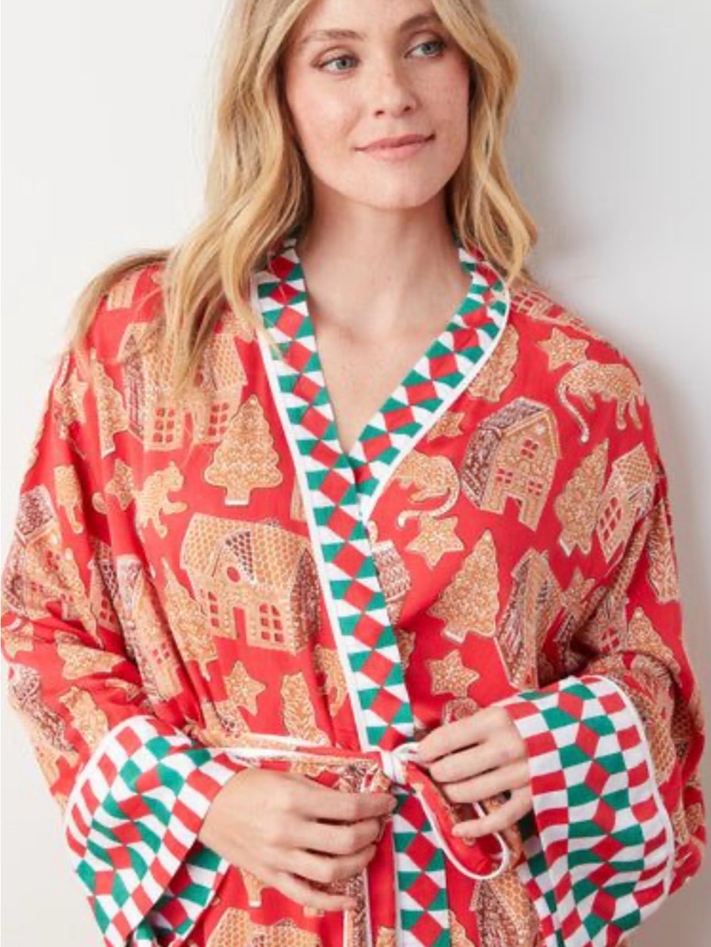 Printfresh Red Holiday Print Long Sleeve Wrap Robe with Red Trim Christmas